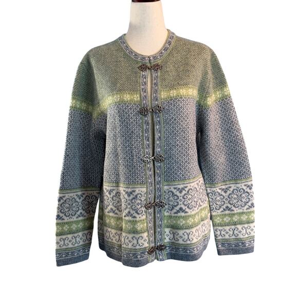 Susan Bristol Nordic Cardigan Sweater Jacket 100% Wool Metal Clasp Fair Isle M - Picture 1 of 7